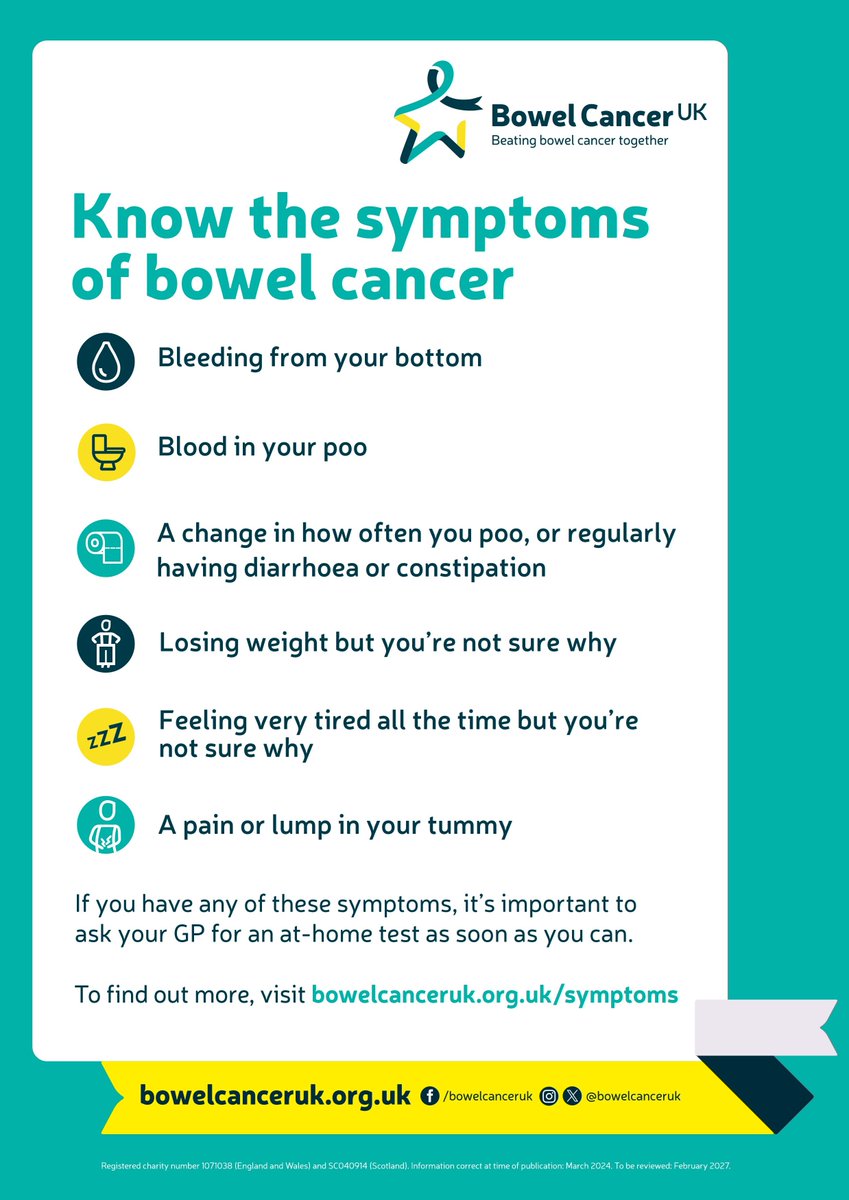 Around 4,000 people in Scotland get bowel cancer every year. Being aware of the key symptoms and contacting your GP if things don’t feel right can help increase chances of an early diagnosis.