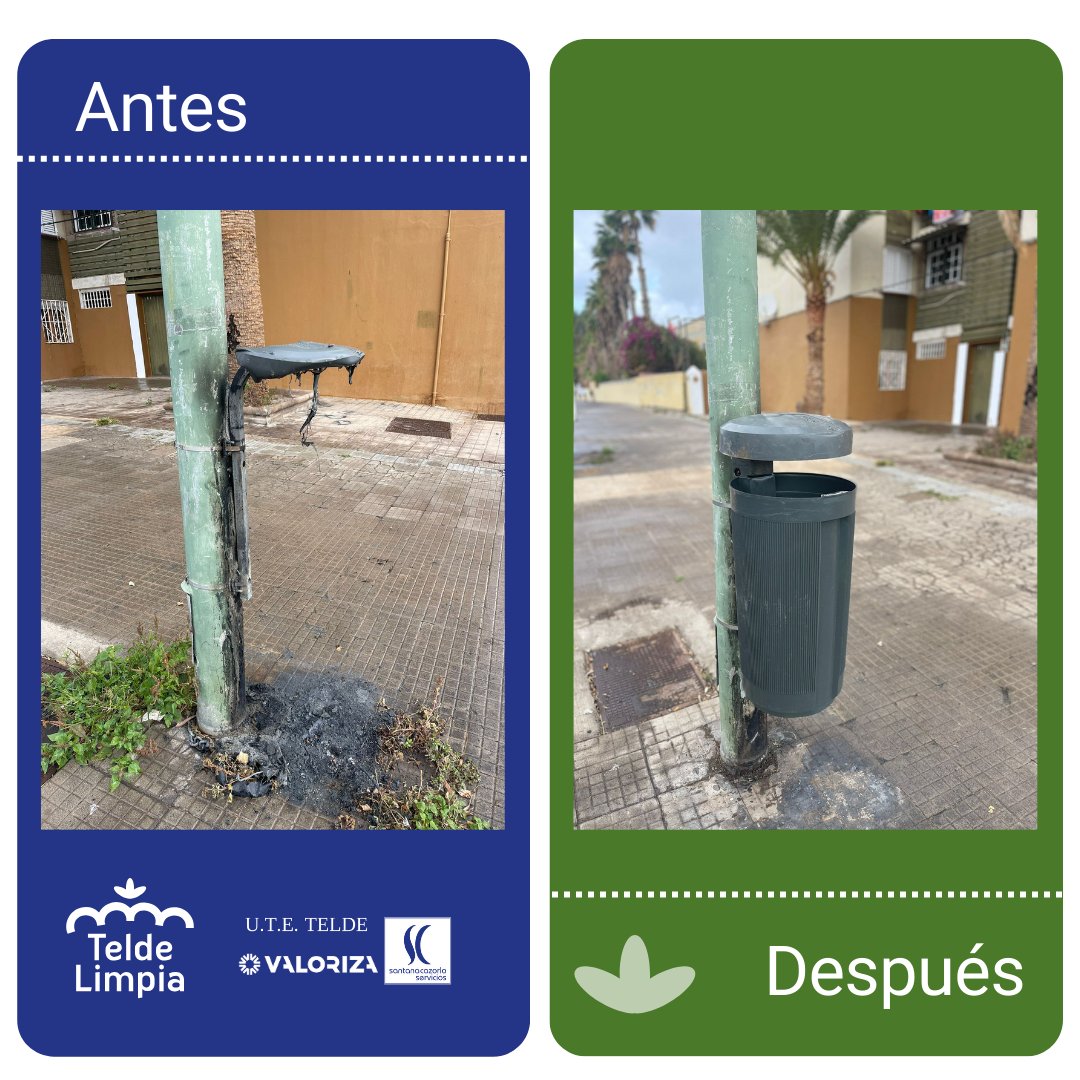 😡En el día de ayer se produjo un acto vandálico con la quema de una papelera en el distrito de Jinámar. 

 ✅Nuestro equipo de #TeldeLimpia actuó con rapidez, sustituyendo la papelera quemada.

❌ Este tipo de vandalismo, además de generar un riesgo, lo pagamos entre todos.