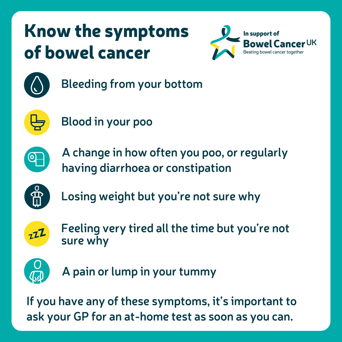 This #BowelCancerAwarenessMonth, @bowelcanceruk want you to know this #OneThing – the earlier bowel cancer is spotted, the more treatable it’s likely to be. Learn more: bowelcanceruk.org.uk/about-bowel-ca…
