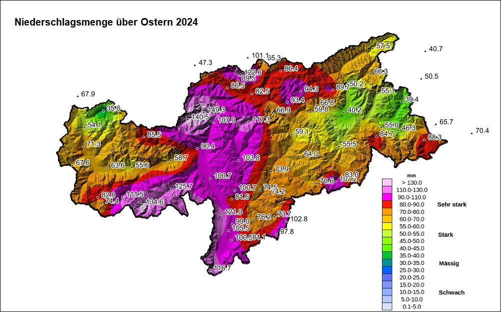 Der große Regen ist vorbei, hier die Bilanz der vergangenen fünf Tage. Am meisten geregnet hat es vom Überetsch/Unterland herauf übers Ultental, Sarntal, Passeiertal bis ins Wipptal mit 80 bis 150 l/m². Spitzenreiter ist die Wetterstation Platt in Passeier.