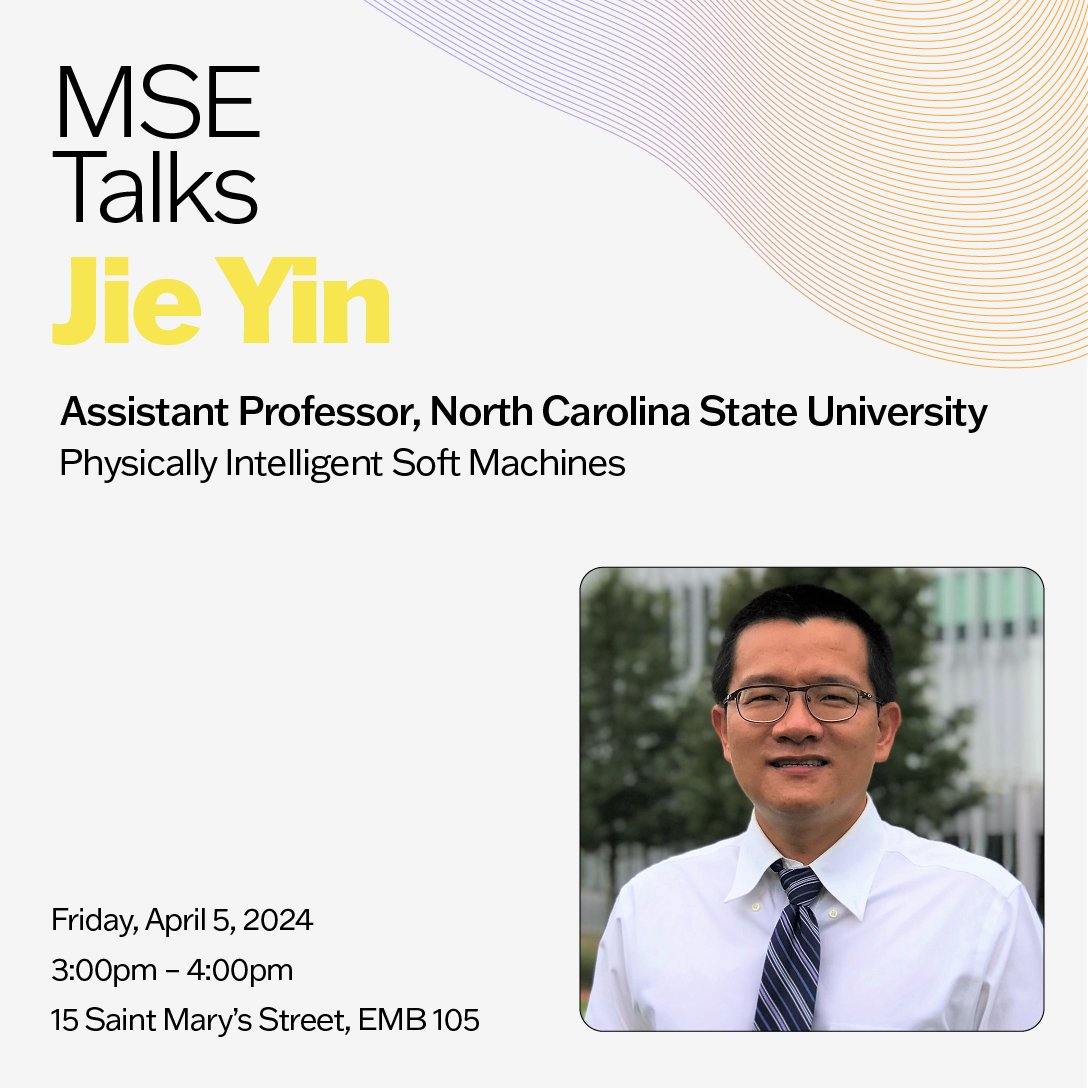 Come join us in EMB 105 this Friday to hear Dr. Jie Yin give his MSE Talk on soft robots!