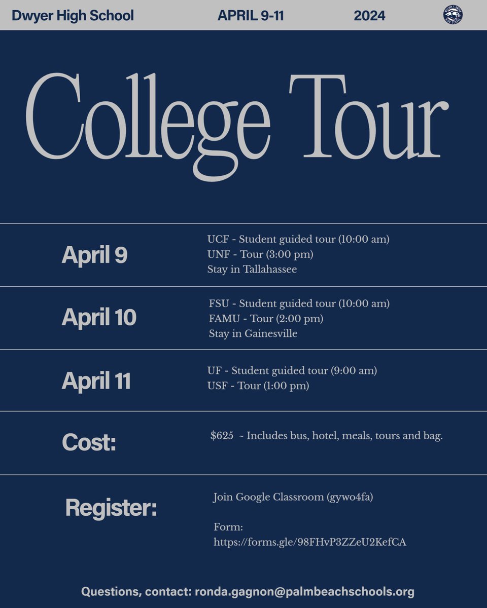 Eight (8) seats remain for the April 9th-11th College Tour! Dwyer Students will visit UCF, UNF, FSU, FAMU, UF, & USF. Cost us $625 and includes transportation, lodging, meals, & tours. Complete this form ASAP if interested: forms.gle/MMAtMZFtvMFFnm…