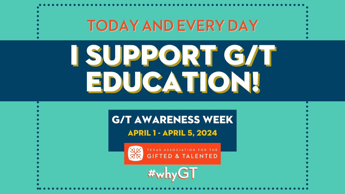 It's here, It's here! Happy G/T Awareness Week! Comment below why you support G/T education. Download this graphic and find all the materials you need to raise awareness on the TAGT website here: buff.ly/4cBFxuU #whyGT #TAGT #GTweek