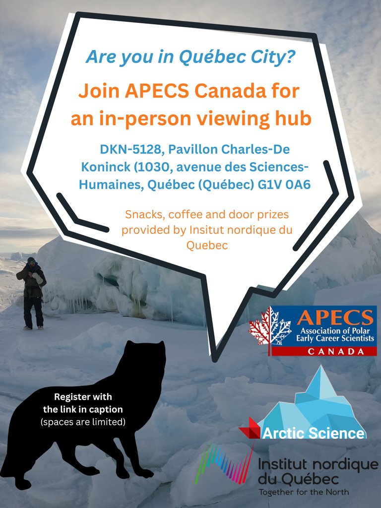 There's still time⏰ to sign-up to the viewing hub at @universitelaval! Register now for this in-person event to learn about peer review ✍️ & network with other polar ECRs ❄️ 🔗 ://bit.ly/3VBdEgH @ArcticScienceJ @Institutnord @philbenthos @ArcticNet