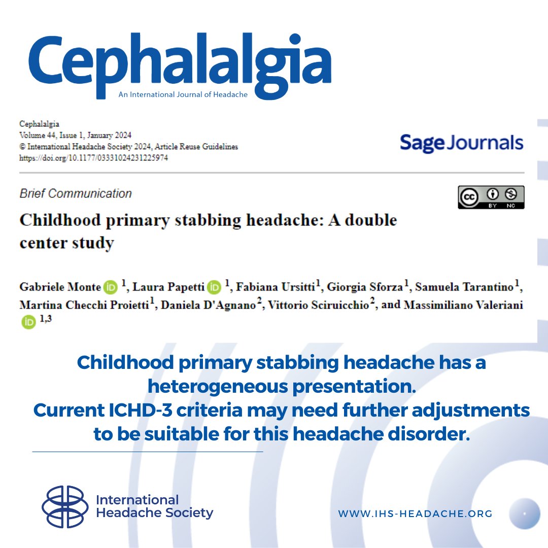 Childhood primary stabbing headache has a heterogeneous presentation. Current ICHD-3 criteria may need further adjustments to be suitable for this headache disorder. sagepub.pulse.ly/zp0f235xwa #headache #ichd3 #ichd #neurology @maxval67 @bambinogesu @sinneurologia