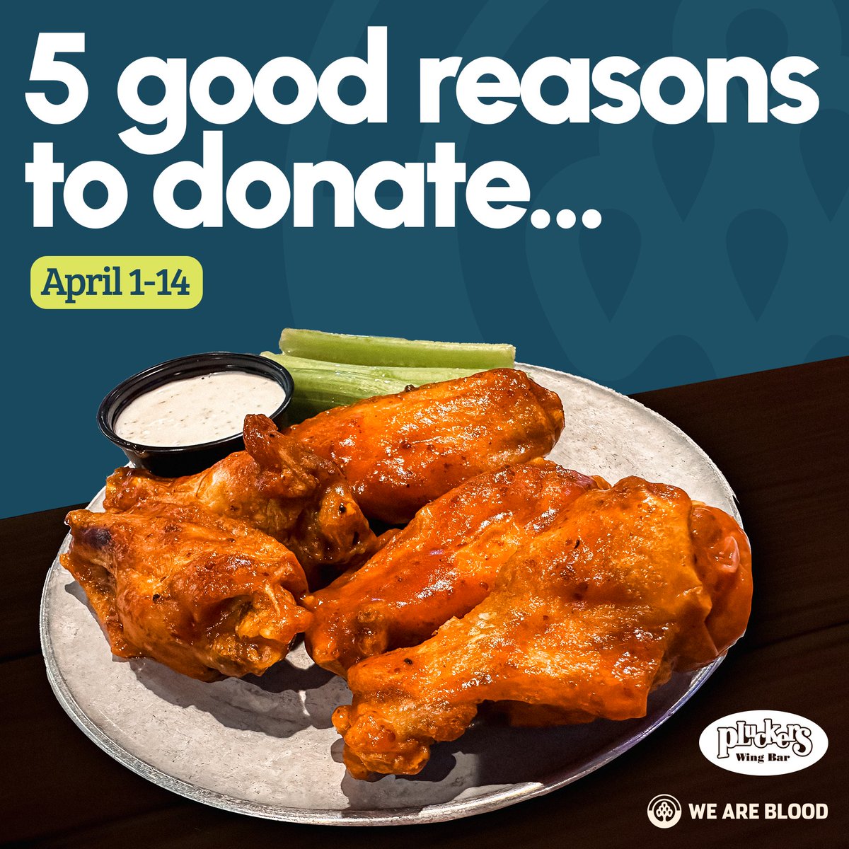 April is here, and there are five good reasons to donate this month... donate blood or platelets from April 1-14, and you'll get a voucher for five FREE wings from @Pluckers! 🍗😋 Get your good deeds and good eats in one go! 👉 weareblood.org/donor