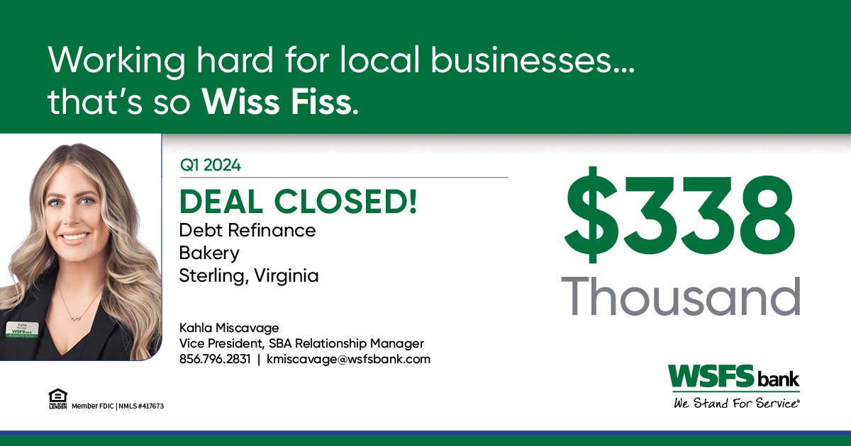 #WSFS’ Kahla Miscavage recently closed a $338K debt refinance deal for a bakery in Sterling, VA! Check out how our team can help your business: bit.ly/4acTI7X