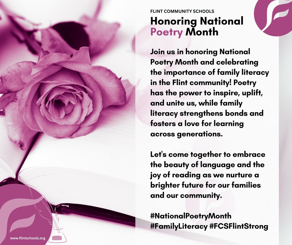 Join us all month in honoring National Poetry Month and celebrating the importance of family literacy in the Flint community! Poetry has the power to inspire, uplift, and unite us, while family literacy strengthens bonds and fosters a love for learning across generations.