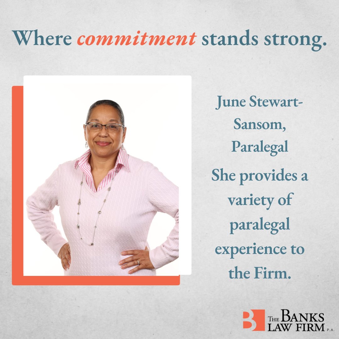 It's Meet the Team Monday! Meet  June Stewart-Sansom, Paralegal at The Banks Law Firm.

Read more >  bankslawfirm.com/teams/june-ste…

#MeetTheTeamMonday #TheBanksLawFirm #LegalExcellence #DedicatedProfessionals #everycommunitydeservesbetter