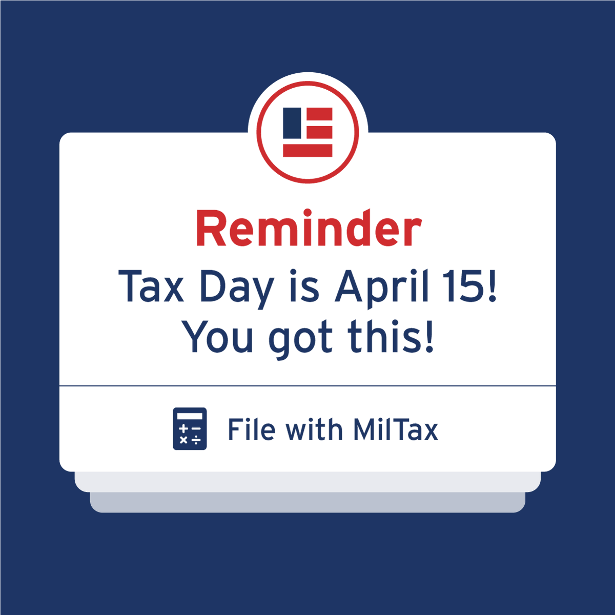 Here’s your reminder: Tax Day is two weeks away! Get ahead of the deadline by filing 🆓 with MilTax and call on the experts when you need help: militaryonesource.mil/financial-lega….