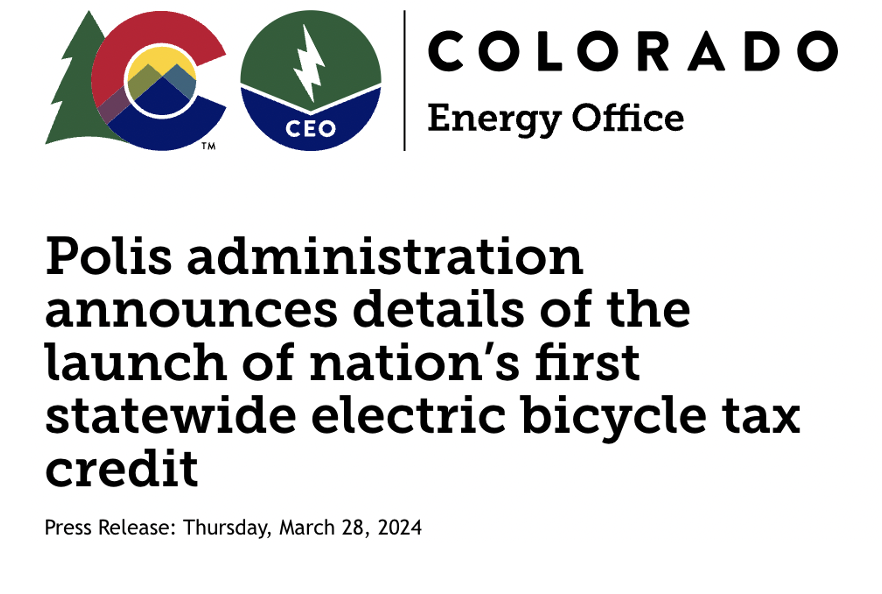 As of today, any Coloradan can walk into a bike shop and instantly get $450 off an e-bike. No race to get a voucher, no income limits, no waiting to claim a tax credit. It's the first such program in the nation. energyoffice.colorado.gov/press-releases…