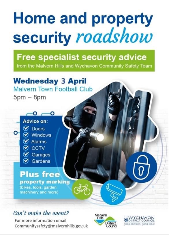 Malvern Cops (@malverncops) on Twitter photo Come along to the Home & Property Security Roadshow at <a href="/MalvernTownFC/">Malvern Town F.C.</a> Wednesday 3rd April 2024, 5pm - 8pm for Crime prevention advice & property marking from <a href="/MalvernHillsDC/">Malvern Hills</a> and local officers. #saferhomes #PolicingPromise 👮🏼♂️ 3879 Come along to the Home & Property Security Roadshow at <a href="/MalvernTownFC/">Malvern Town F.C.</a> Wednesday 3rd April 2024, 5pm - 8pm for Crime prevention advice & property marking from <a href="/MalvernHillsDC/">Malvern Hills</a> and local officers. #saferhomes #PolicingPromise 👮🏼♂️ 3879