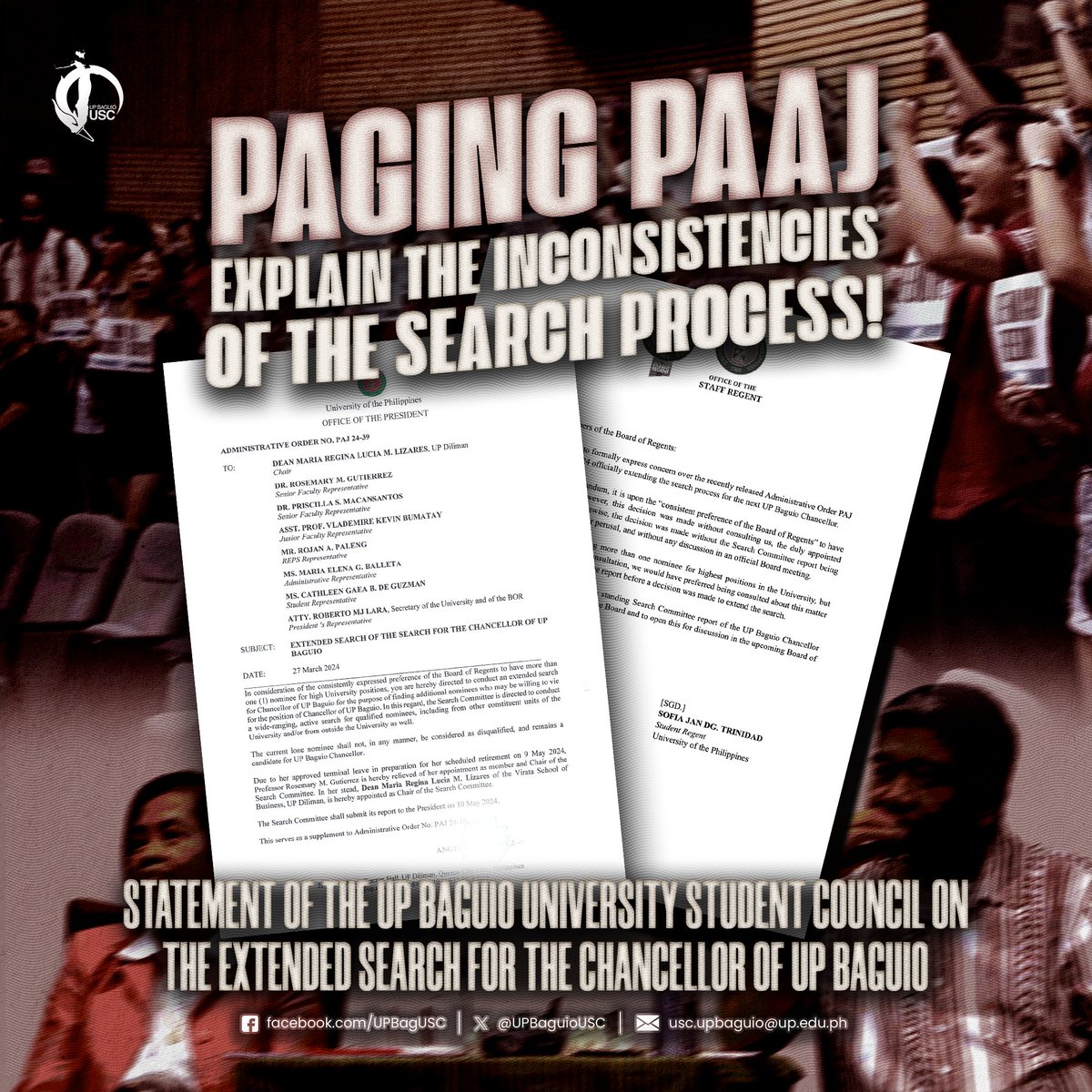 PAGING PAAJ, EXPLAIN THE INCONSISTENCIES OF THE SEARCH PROCESS! 

The UP Baguio University Student Council demands UP President Angelo “Jijil” Jimenez to explain and clarify the inconsistencies of the Search Process for the Chancellorship. 

#BORHeedTheCall 
#BORDecideNOW