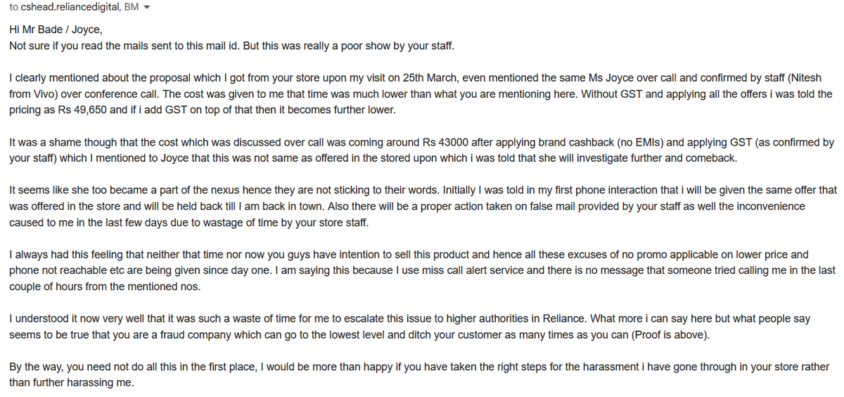 imj0420's tweet photo. @RelianceDigital Are you referring this harassment a resolution then i am sorry, never seen any retail company who has big nexus of frauds till CEO level. A bunch of liars who keep changing their stance on every step with no clear action and positive outcome. #Cheaters #frauds #reliancedigital https://t.co/RDBwXyoplQ