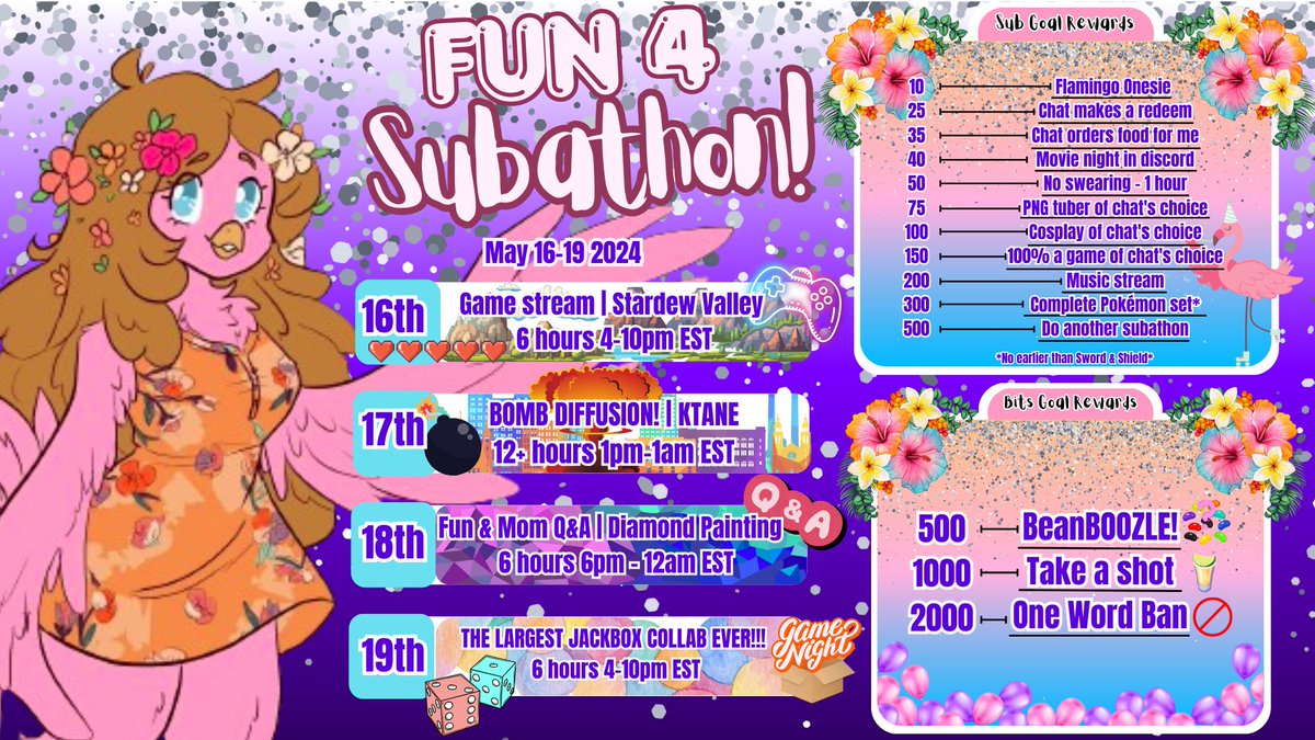 funbeaut29's tweet photo. I got graphics for my subathon!! The #Fun4Subathon is gonna be at minimum a 4 day long event from May 16th-19th. We have so many giveaway items planned, including 3 framed diamond art pieces made by me. It's gonna be a fun time, so tell all your friends and stop on by! #subathon https://t.co/biN0cyXfEf