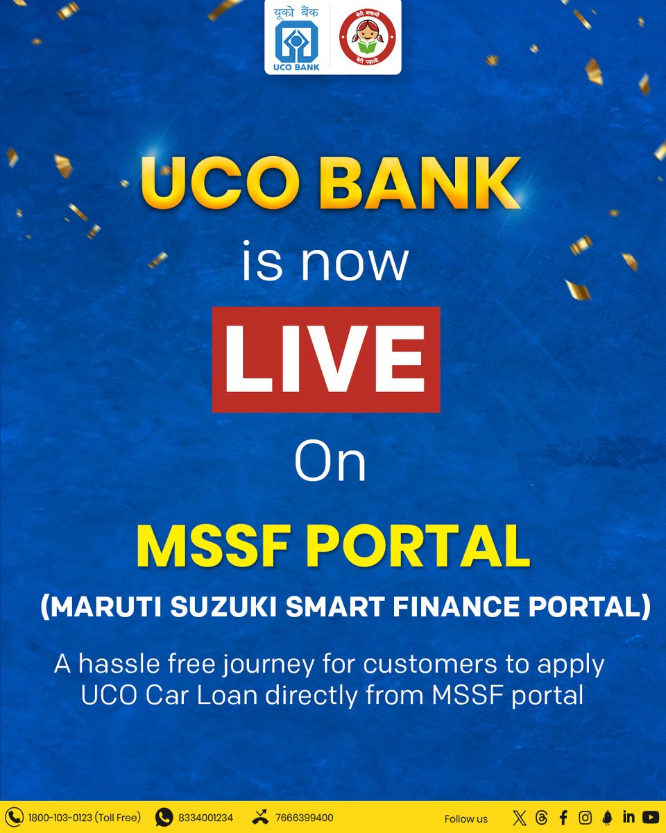 Empower your #Car dreams digitally! Apply for a #UCOCarLoan hassle-free through the MSSF portal. #UCOBank #MSSFPortal #CarLoan #Banking #UCOTURNS81 #81YearsOfTrust