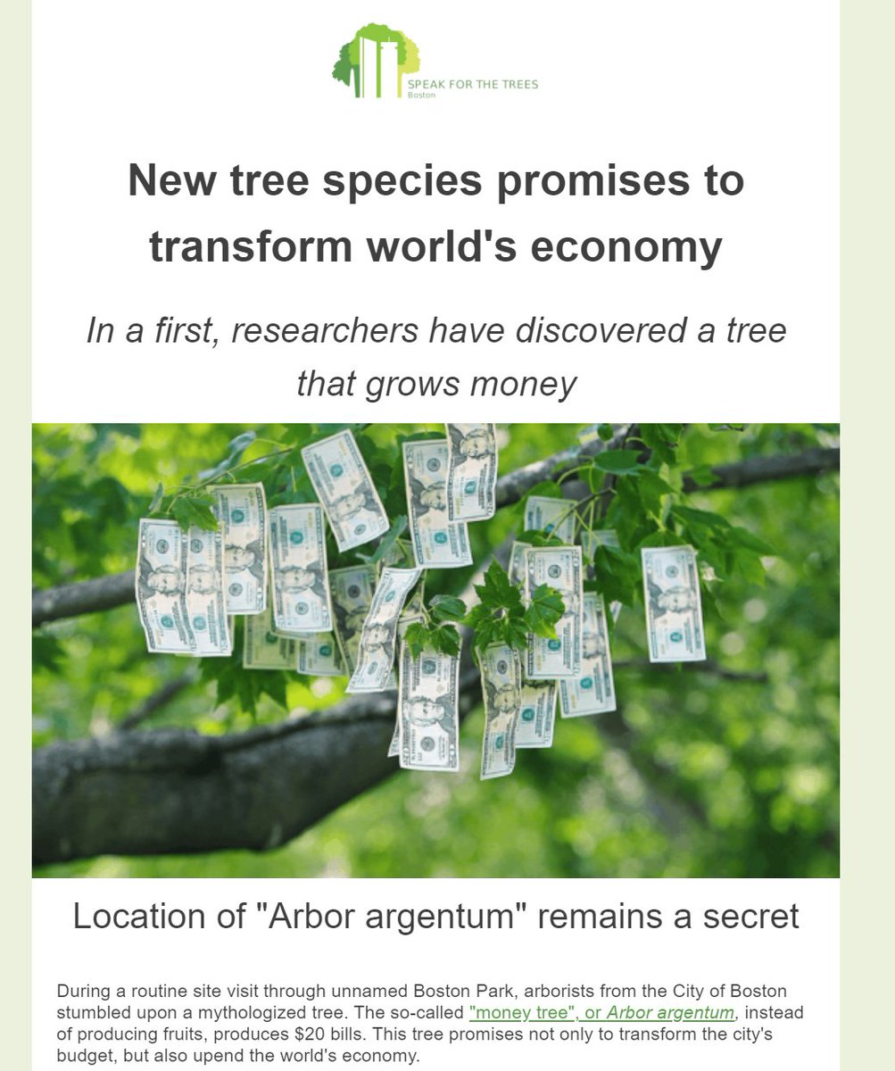 🌳Breaking news from #Boston!🌳 Arborists have discovered the long-sought #moneytree 💵, or #ArborArgentum. Instead producing fruits, the tree produces $20 bills! The tree promises to transform the city's budget and upend the world's economy. Read more at treeboston.org/arboragentumne…