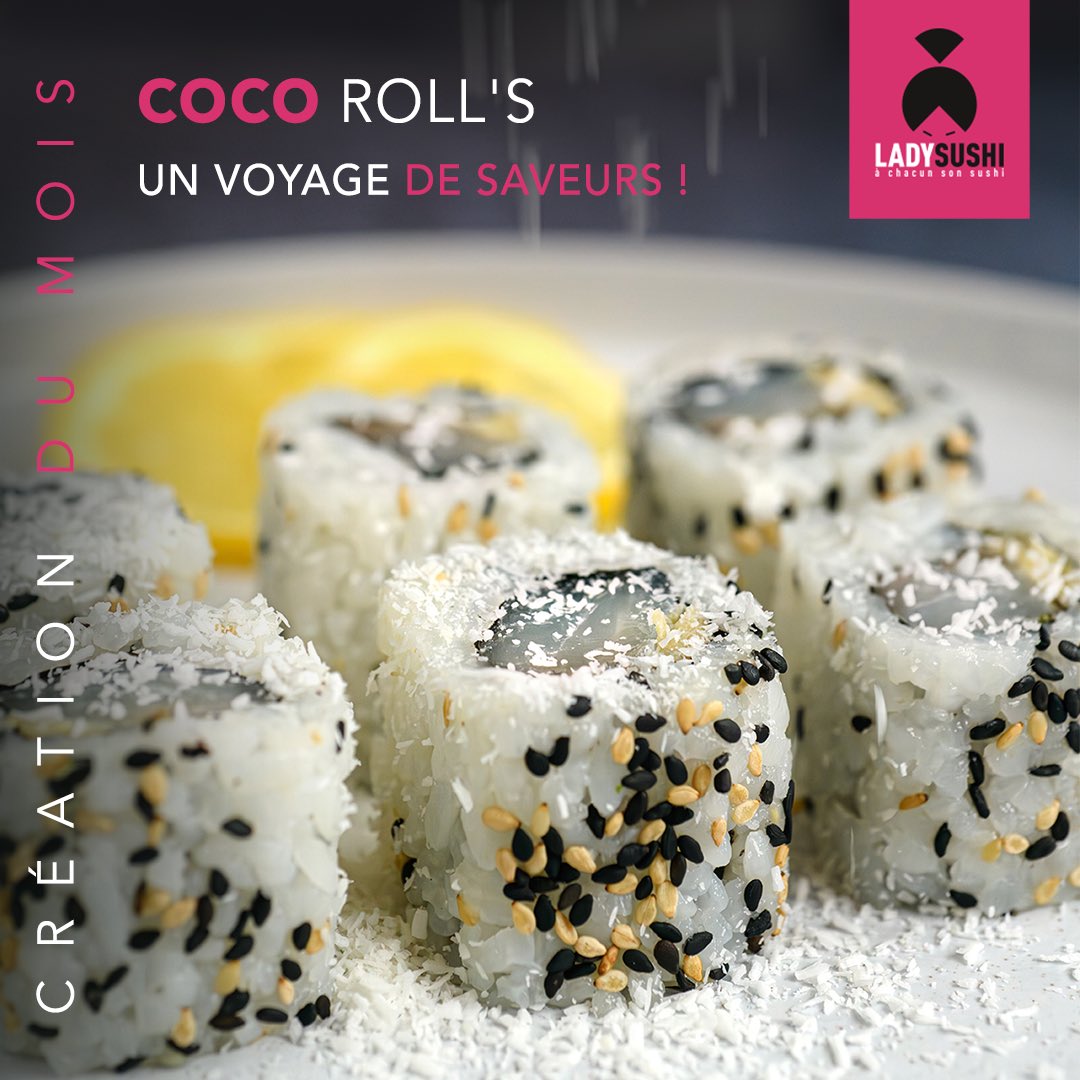 🥥 COCO ROLL’S 🤍 

Préparez-vous à embarquer pour un #voyage de #saveurs ! 🛫 

Une délicieuse combinaison de daurade, #gingembre et #citron saupoudrée de #coco râpée 🤤🌴 

#Commandez en quelques clics au #restaurant près de chez vous 😉⁠ 

-

lady-sushi.fr