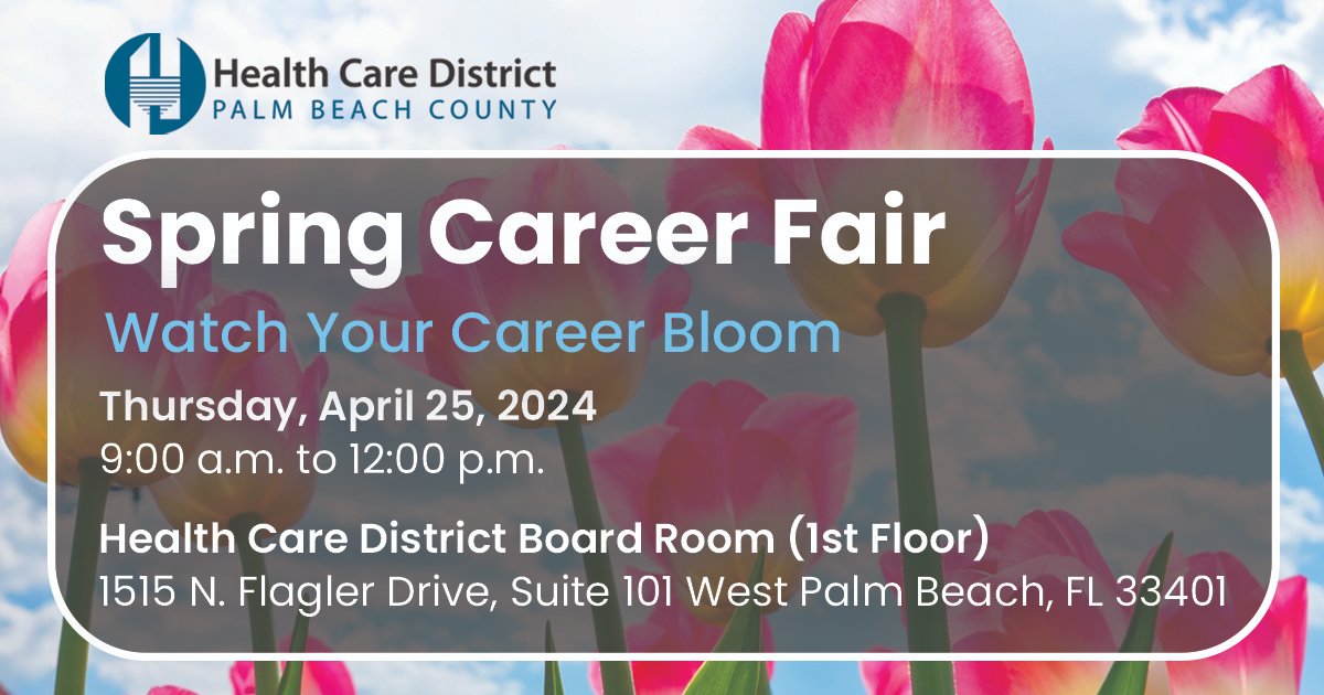 Ready to watch your career bloom? Join us for our Spring Career Fair on Thursday, April 25 from 9 am to noon! Don’t miss this opportunity to explore career opportunities at the Health Care District. Visit hcdpbc.org/HCDCareerFair to learn more and pre-register today. #careerfair