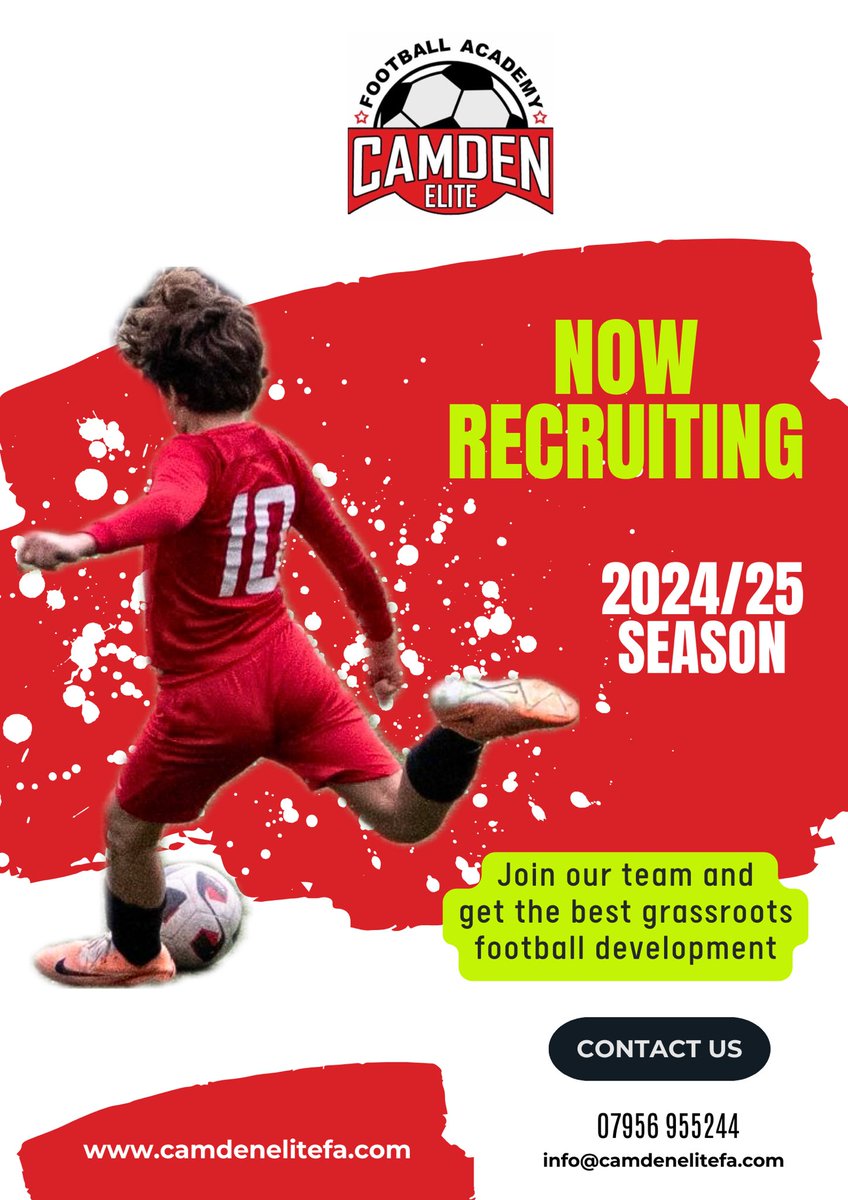 We are now recruiting for the 2024/25. 

If you think you have what it takes to reach the next level, give us a call on 07956 955 244.

#grassrootsfootball 
#camden
#camdenfootball 
#footballtrials