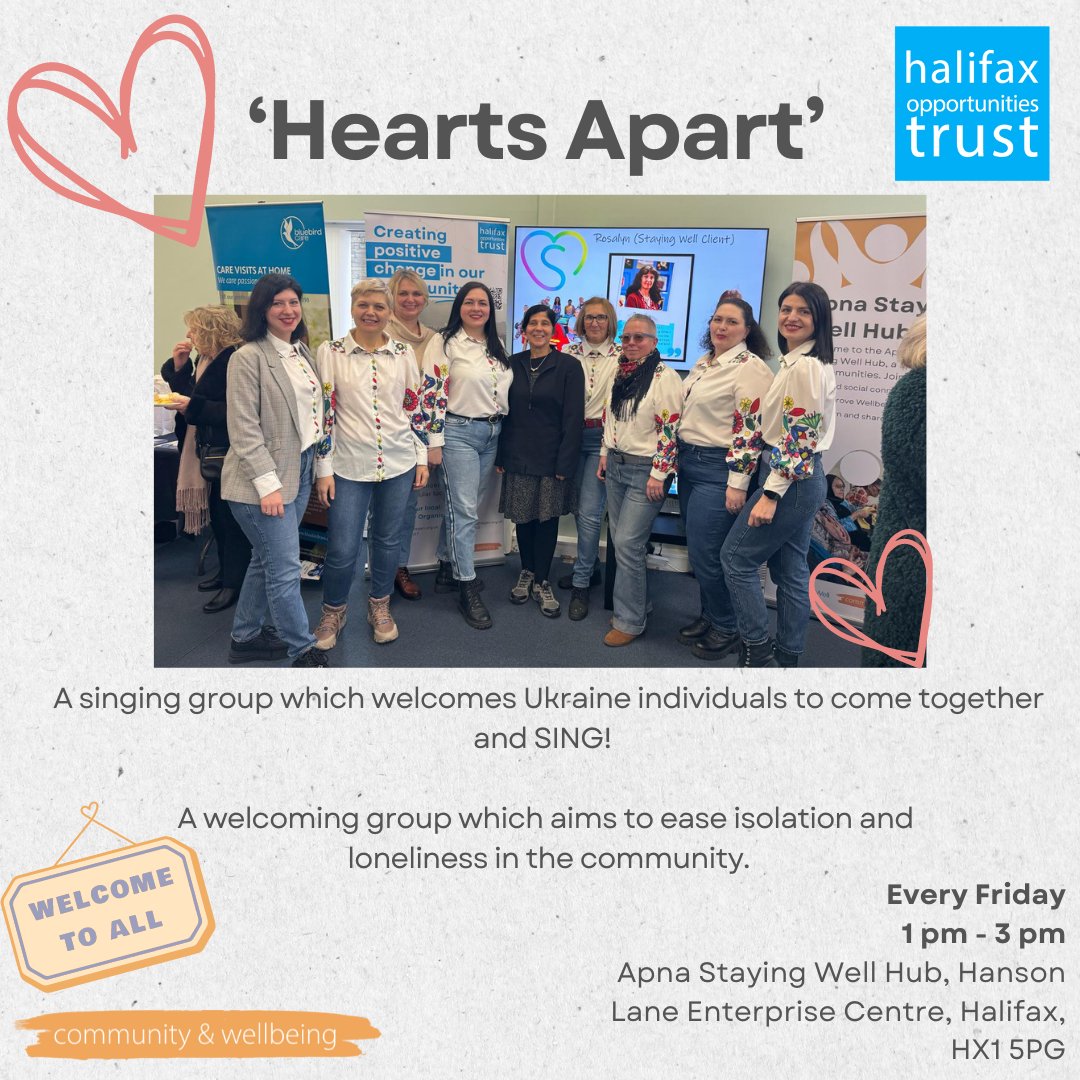 Join us for our NEW Hearts Apart singing group! We welcome Ukraine individuals to come together and SING! Takes place every Friday at the Apna Staying Well Hub at Hanson Lane Enterprise Centre, from 1pm - 3pm. Find out more, visit: regen.org.uk/wellbeing/apna…