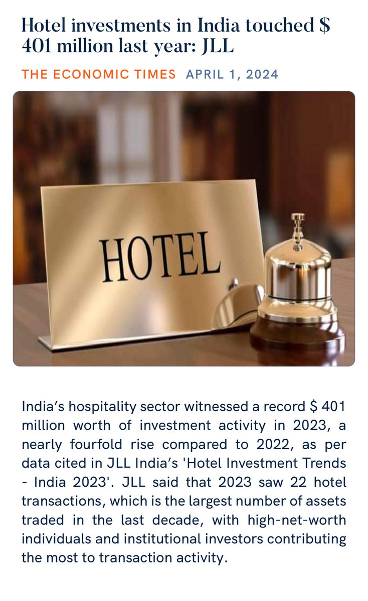 Hotel investments in India touched $ 401 million last year: JLL economictimes.indiatimes.com/industry/servi… via NaMo App