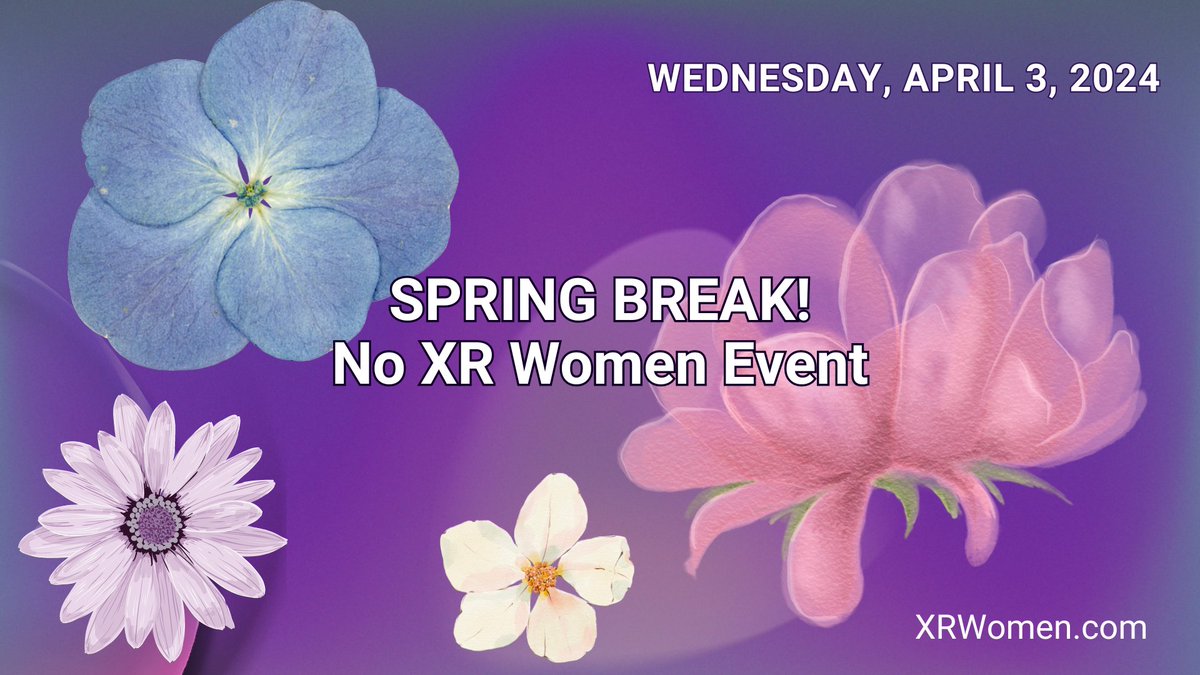 📢 We're taking a little break. There will be no meeting this week on April 3rd. BUT we will be back on April 10th in FrameVR with Cathy Moya talking about all things Microsoft Mesh, Microsoft's Immersive Experiences for the Workplace. See you on April 10th. #XRWomen