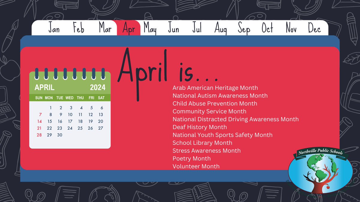 NPS would like to honor all of April's monthly awareness dates.

Celebrating Everyone Every Day: links.northvilleschools.org/17
