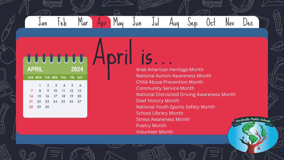 NPS would like to honor all of April's monthly awareness dates. Celebrating Everyone Every Day: links.northvilleschools.org/17