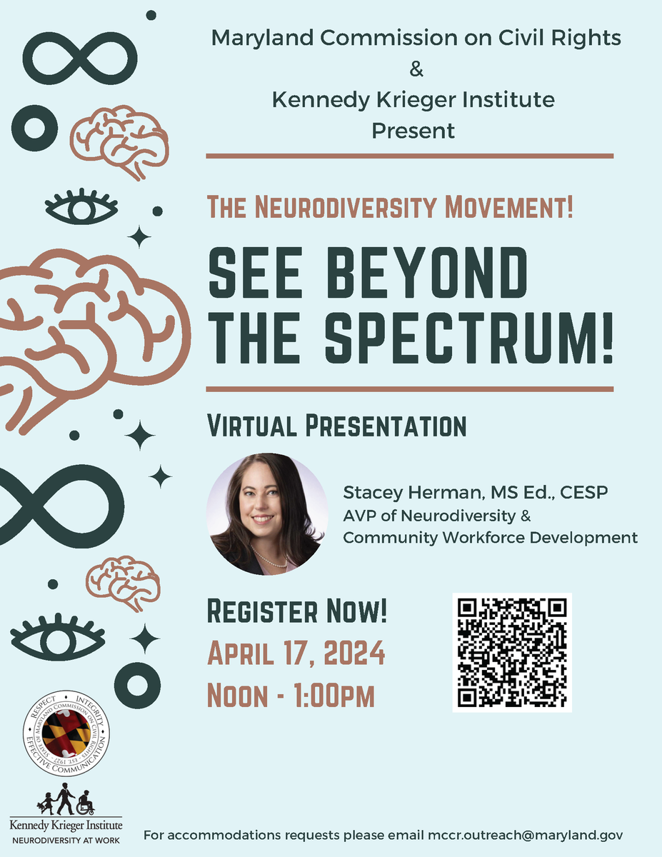 Join the Maryland Commission on Civil Rights &amp; Kennedy Krieger Institute as we discuss neurodiversity. To register, click on the link below:
eventbrite.com/.../neurodiver…...
#marylandstrong #mdcivilrights #neurodiversity