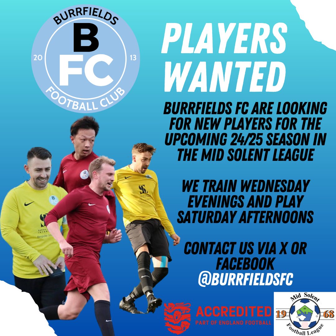 BurrfieldsFC's tweet image. Looking for a new or different team to play for next season? Then look no further as Burrfields FC are looking for new players for the up coming 24/25 Mid Solent Football League season! Message us for more details!
@MidSolent
@Pompey_Football