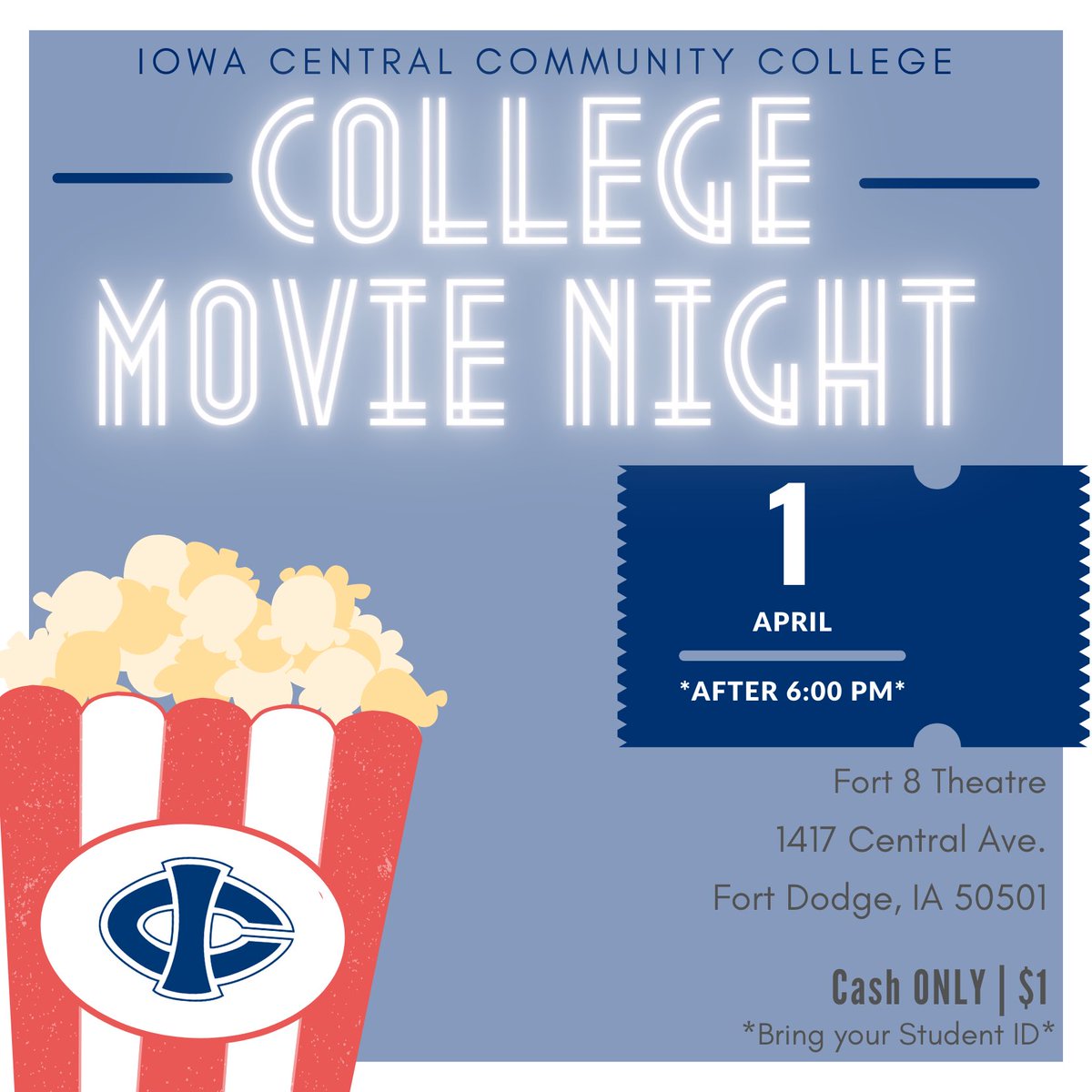 🍿🎥 It’s College Movie Night! 🎥🍿 Head on down to Fort 8 theatre tonight for any showing after 6 PM for only $1! Cash only! Don’t forget your student ID! cectheatres.com