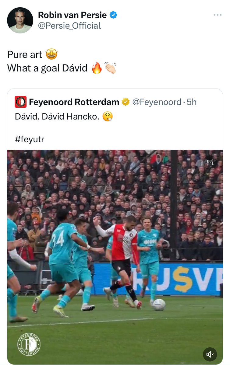 Toto je posledný ku gólu Dávida Hancka. Nechcem “hajpovať”, ale keď taký kanonier ako Robin van Persie opíše tento gól ako PURE ART, tak to už je fakt niečo ⚽️🇸🇰🤌🔥 #Feyenoord #repreSR