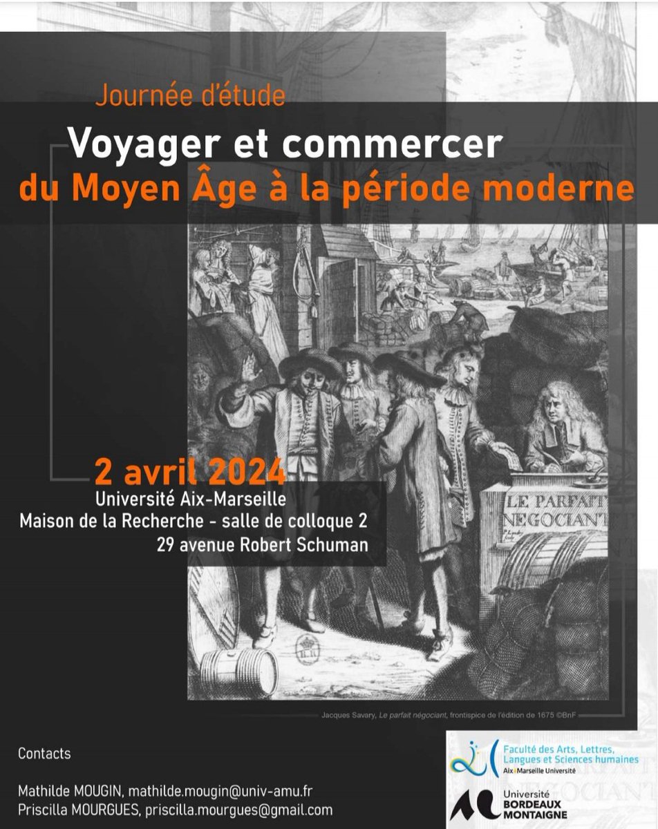 J'ai le plaisir de partager le programme de la journée d'étude portant sur le thème des voyageurs marchands que nous organisons Priscilla Mourgues et moi-même à Aix-Marseille Université ce mardi 2 avril. Possibilité de suivre l'événement à distance (voir commentaire)