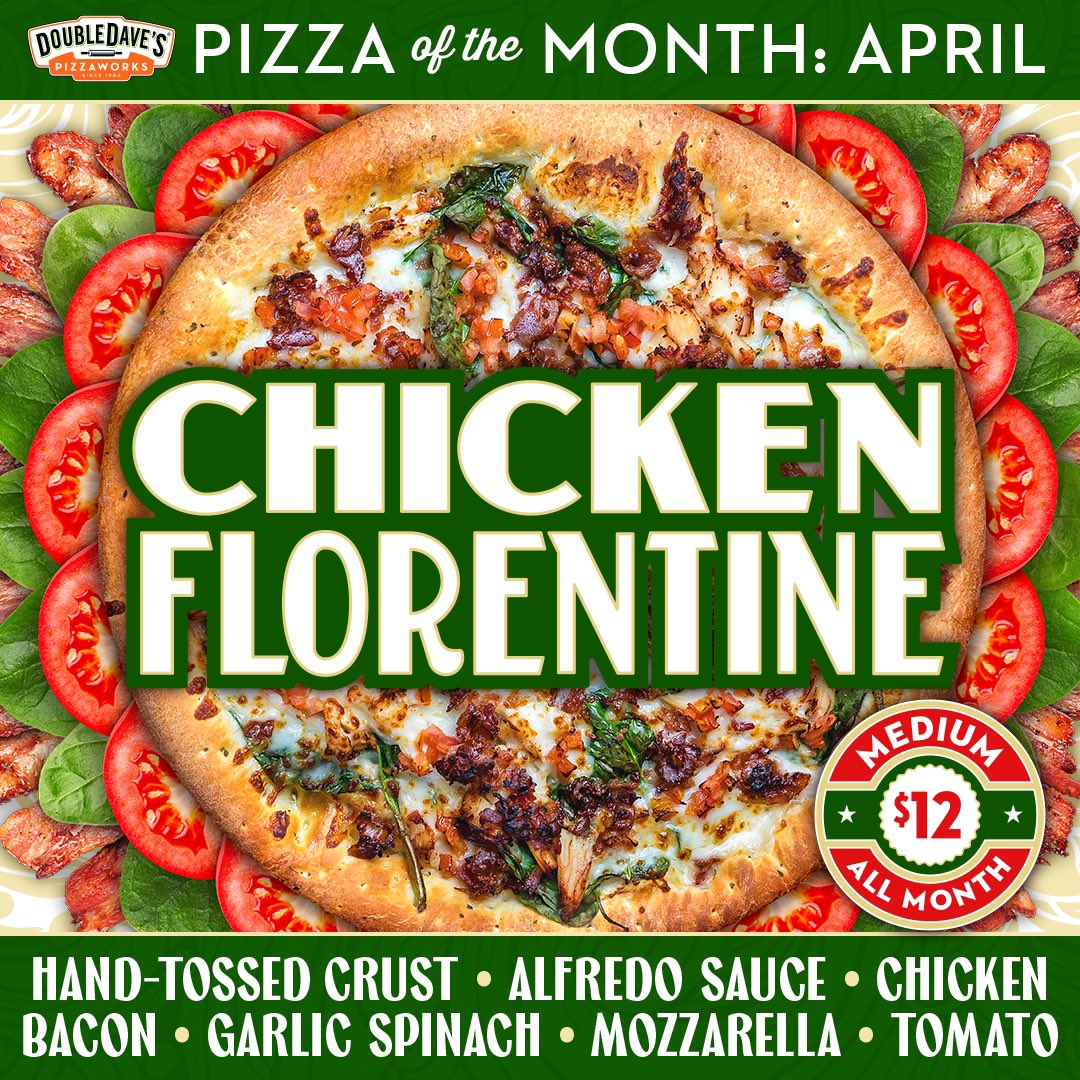Introducing April's Pizza of the Month: Chicken Florentine 🍅🥓 The perfect blend of flavors with hand-tossed crust, alfredo sauce, chicken, garlic spinach, mozzarella, bacon, and diced tomato. Medium-sized for just $12! #PizzaOfTheMonth #ChickenFlorentine #PizzaLovers