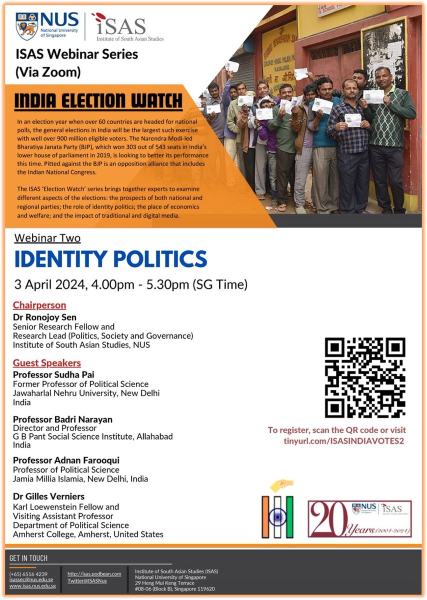 Join us with a panel of experts as they discuss the Indian Elections- the world's largest exercise with over 900 million voters! @poetbadri @SudhaPai2 @GillesVerniers @ronojoy_sen Register Now! tinyurl.com/ISASINDIAVOTES2