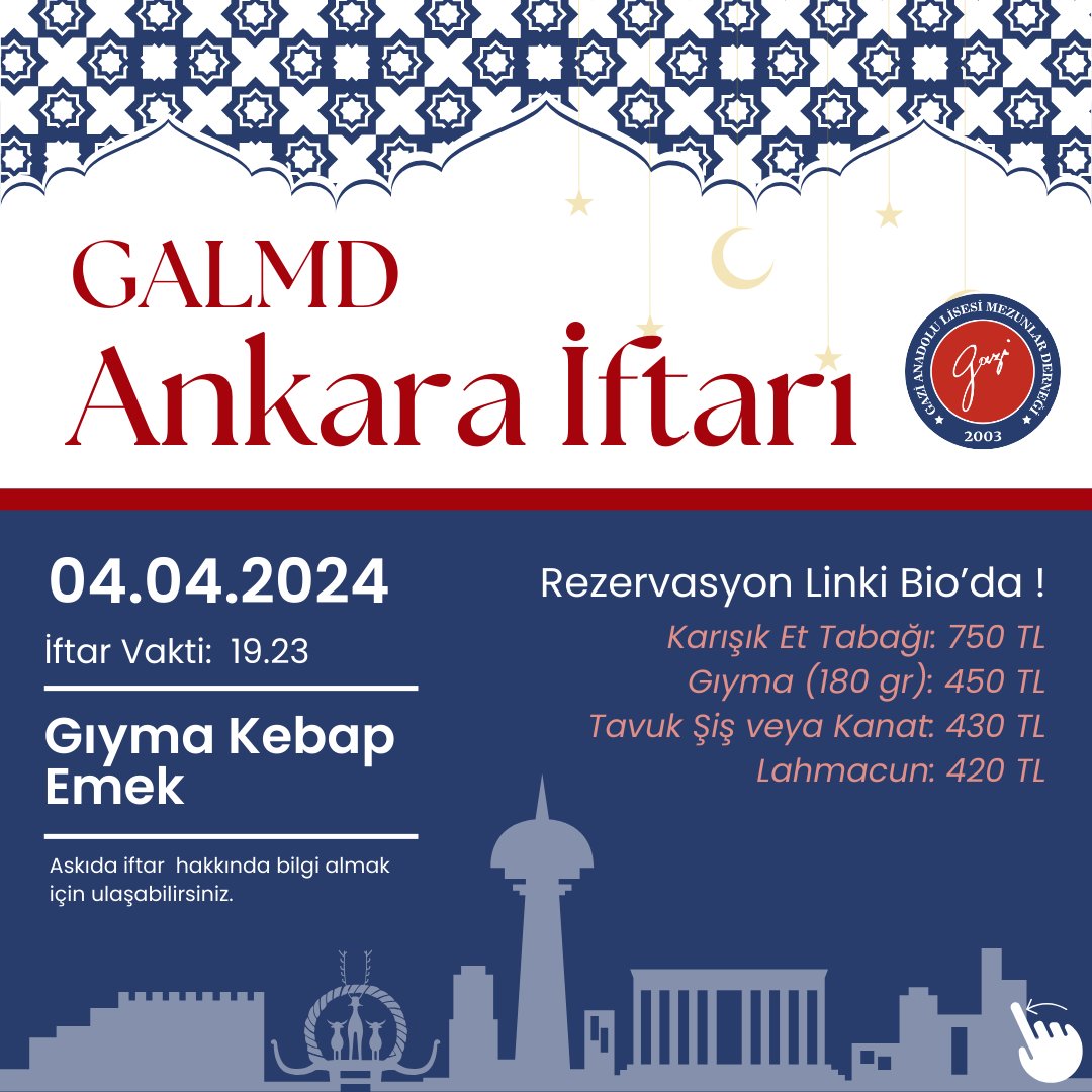 GALMezun's tweet photo. Ankara ve İstanbul'da gerçekleşecek olan iftarlarımıza tüm mezunlarımız davetlidir. Katılım için kayıt formu: https://t.co/GvObu7Sr2p https://t.co/QXP2zfkx0H