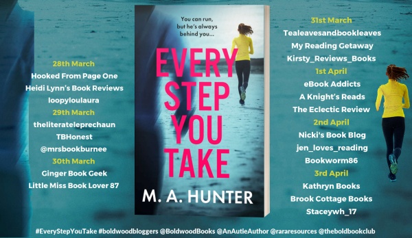 If you're looking for a story that will keep you hooked until the end, you should read this book. Every Step You Take by M. A. Hunter @AnAutieAuthor #psychologicalthriller #mystery #stalking @BoldwoodBooks @rararesources #bookreview at loom.ly/HzqU47c