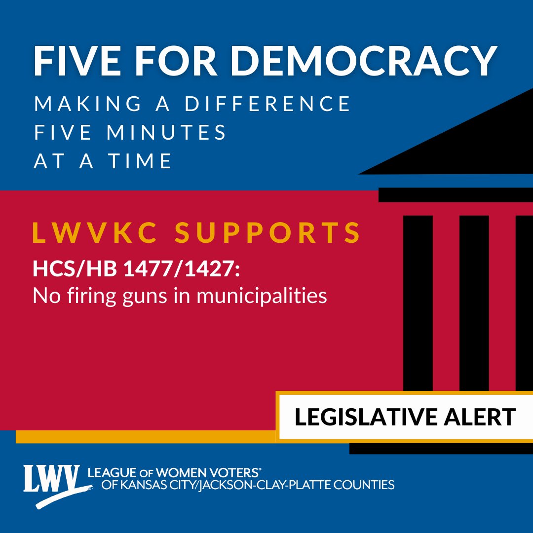 LWVKC supports: ➡️No firing guns in city limits LWVKC oppposes: 🚩Undermining citizens' ballot initiatives 🚩Abortion bans 🚩Ending transgender healthcare 🚩No tax on guns/ammo 🚩Guns on buses, Churches Write state reps now: ow.ly/506R50R5wNS ow.ly/nnOz50R5wNP