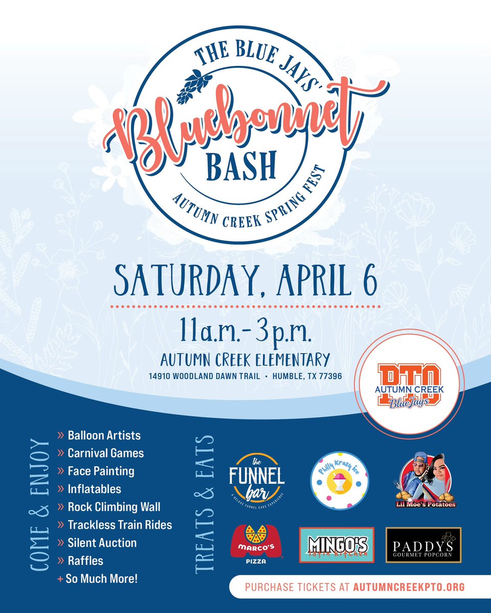 🧡💙You don’t want to miss our 3rd Annual Blue Jay Bluebonnet Bash this Saturday, April 6 from 11-3! Come enjoy games, inflatables, face paint, a rock wall, food trucks and more. We hope to see you there Purchase discounted tickets online at autumncreekpto.membershiptoolkit.com/packet/83477395