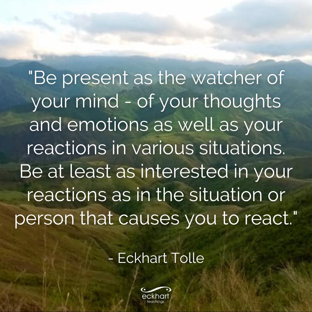 'Be present as the watcher of your mind - of your thoughts and emotions as well as your reactions in various situations. Be at least as interested in your reactions as in the situation or person that causes you to react.' - Eckhart Tolle