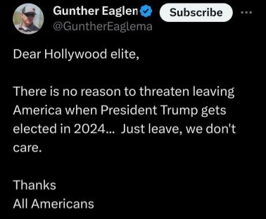 BelannF's tweet photo. WOULD SOMEONE MIND PASSING GUNTHER'S MESSAGE ALONG TO THE HOLLYWOOD ELITES?

When the "movie stars" leave maybe there will be new talent found in Hollywood rather than the old has-beens who curse at the rest of us in utter disdain.

After all - we love God - our families - freedom and think having a good moral core is much better than depravity.