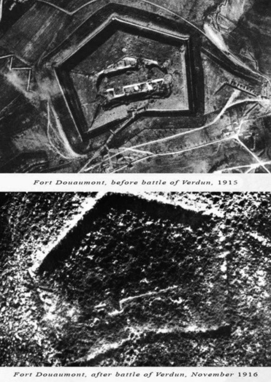 Aerial view of Fort Douaumont, before and after the Battle of Verdun