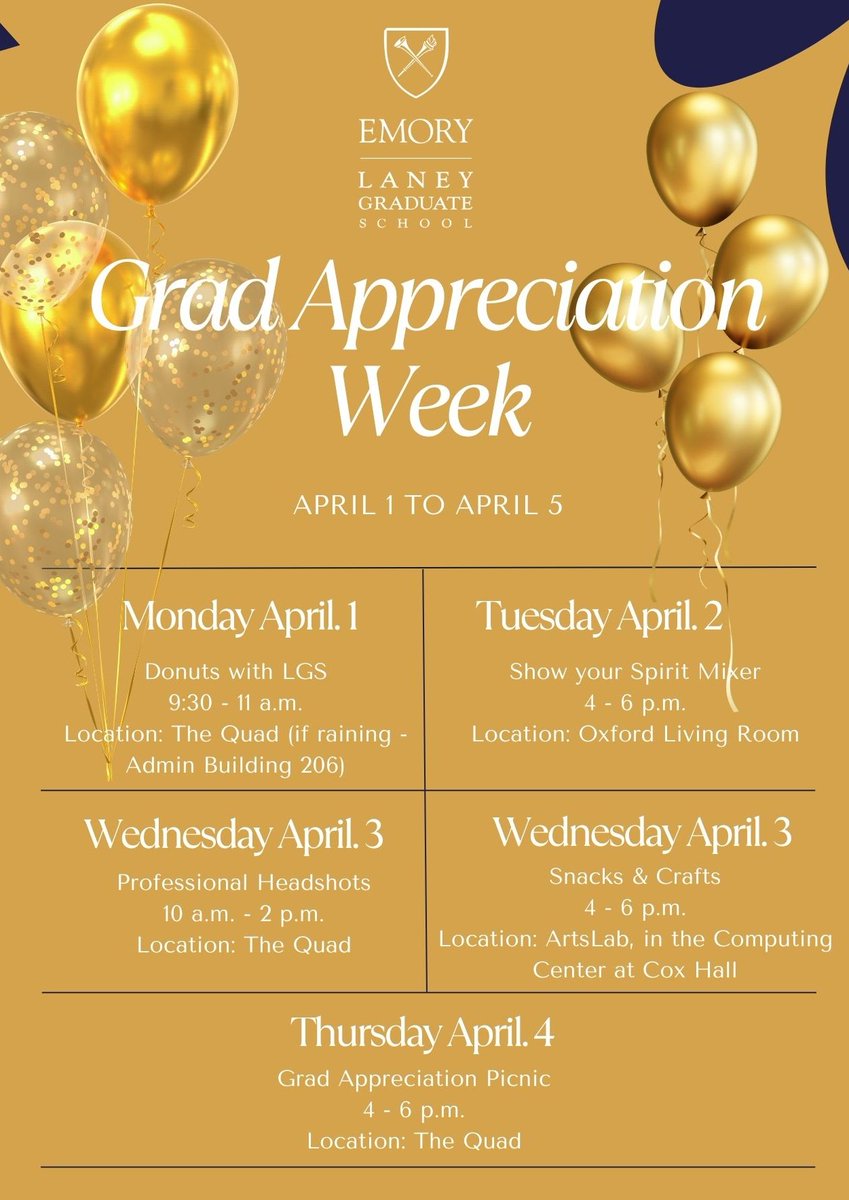 Happy Grad Student Appreciation Week! 🎓🥳 Check out the flyer for the week's events. Today, we'll kick off the week with donuts on the Quad from 9:30am - 11am.🍩🎉 Hope to see you there!