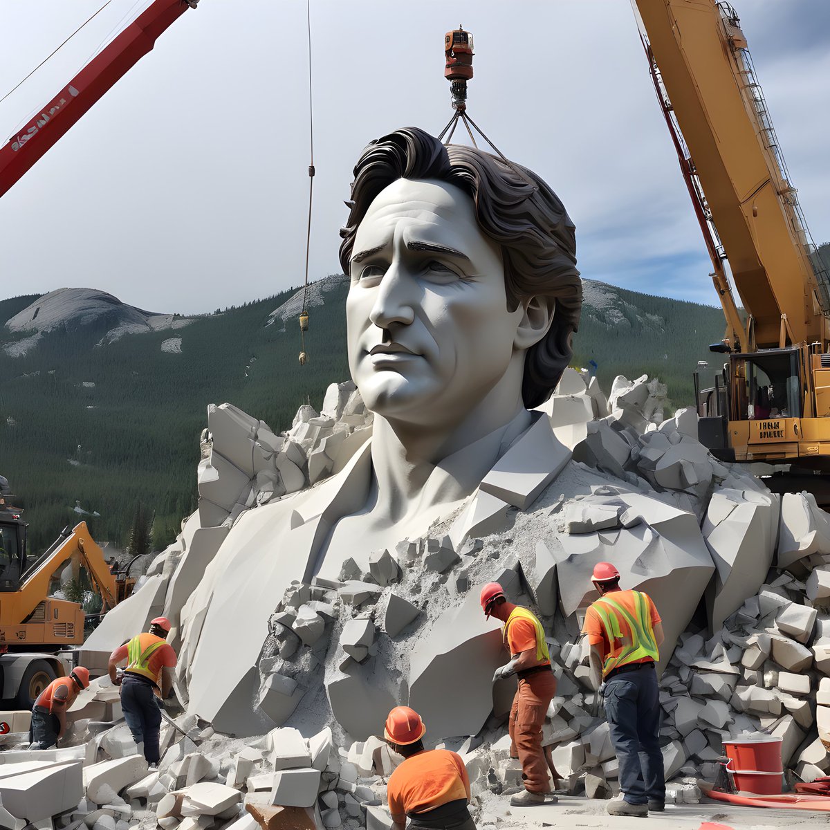 midnightriderV2's tweet photo. BREAKING:
Blasting and Air Chisel work has been completed on Trudeau’s bust situated near Hope BC and marking the entrances to hwy’s 1,5 and 3 heading eastward to the liberal promise land. Crews are currently installing the freshly painted signature black hair piece made entirely out of BC mined copper. This 645 million dollar Trudeau Gov commissioned project will also include a bust of Chrystia Freeland. Engineers have discovered the rock where Chrystia Freeland’s bust is to be carved, to be extremely unstable, thus being a suitable location. Once completed, both busts together will gaze eastward. The large blasted and chiselled text at the bottom of both busts will display the words “DEFENDERS OF DEMOCRACY”

Footnote: The company that has this soul sourced contract just happens to be Mélonie Jolly’s uncle, according to insider sources. Trudeau says there is no conflict of interest and he has cleared it with the Ethics Commissioner.  

Trudeau says the carbon tax will fund this project, so that Canadians won’t have to.