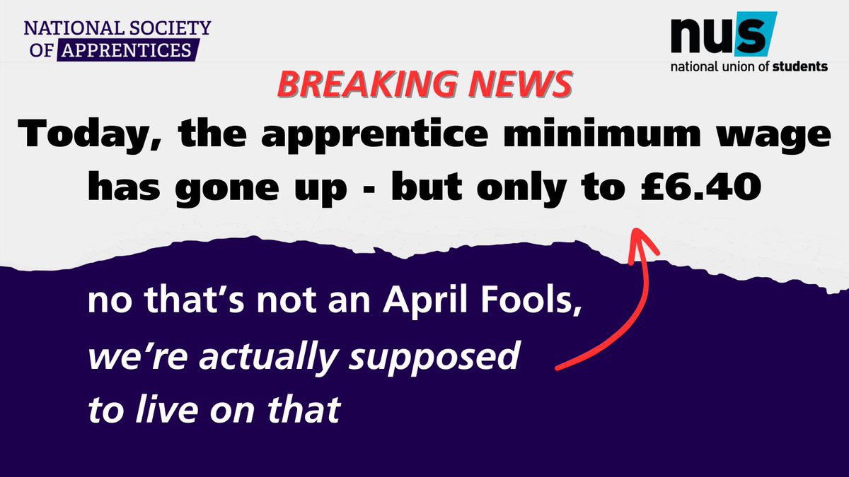 Could you live on £6.40 per hour? Apprentices have to. Apprentices are workers as well as learners, yet they are expected to live on less than minimum wage. Sign the petition to call on the Government to pay apprentices the Real Living Wage! nus.org.uk/apprentice-liv…