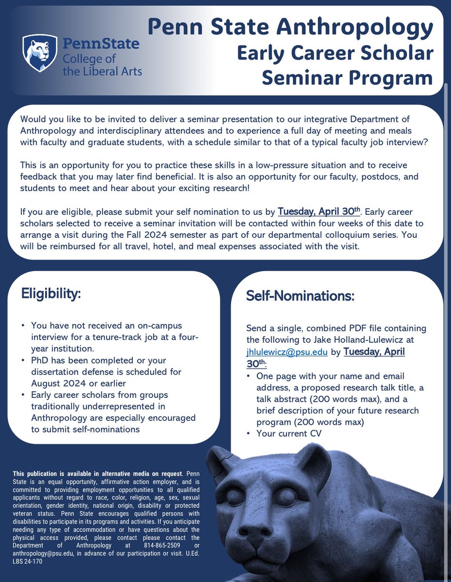 Want to practice giving a talk and visiting a department in a low-stress environment?? Have you recently (or will soon) finish your PhD? Come hang out with us! Self-nominations due by April 30th for our Early Career Scholar Seminar Program!