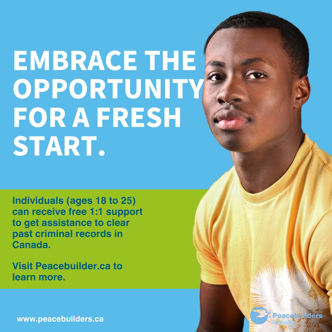 Peacebuilders' RSSP is your pathway to a brighter future!  If you're 18-25, receive personalized and confidential 1-on-1 support to navigate the record suspension process. 

Apply to get your record suspended and embrace a fresh start: shorturl.at/inqC0   

 #Peacebuilders