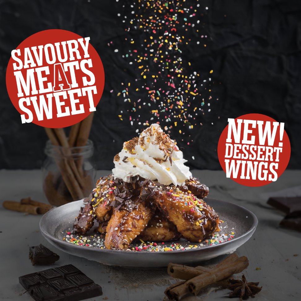 Savoury Meats Sweet with our NEW Dessert Wings. 🍩🍗 We've sweetened the deal on our famous wings with chocolate sauce, sprinkles, cinnamon, and Garlic Dill whipped cream. Available with our Original or Dusted Wings, Boneless, or Plant-Based Wings. Coming soon…