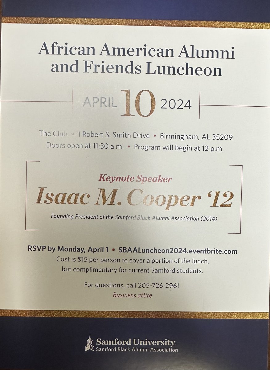 Isaac M. Cooper (@planning__22) on Twitter photo As the keynote speaker for the <a href="/SamfordU/">Samford University</a> Black Alumni Association luncheon, I'm humbled to share what this network has meant to me and how we hope to continue serving other Black leaders in our business community. RSVP today! tinyurl.com/468pdk8j As the keynote speaker for the <a href="/SamfordU/">Samford University</a> Black Alumni Association luncheon, I'm humbled to share what this network has meant to me and how we hope to continue serving other Black leaders in our business community. RSVP today! tinyurl.com/468pdk8j